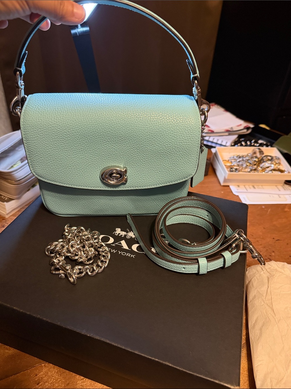 Never used!!!!Coach Pebble Leather Turnlock Crossbody Bag - Mint Green